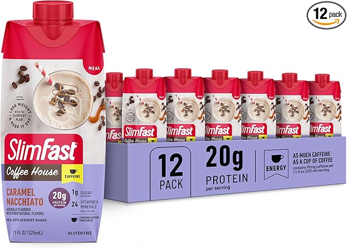 SlimFast Protein Shake with Caffeine, Caramel Macchiato- 20g Protein, Meal Replacement Shakes, High Protein with Low Carb and Low Sugar, 24 Vitamins and Minerals, 12 Count (Pack of 1)