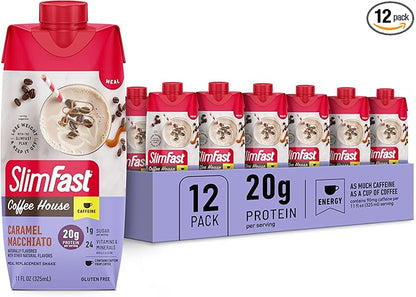 SlimFast Protein Shake with Caffeine, Caramel Macchiato- 20g Protein, Meal Replacement Shakes, High Protein with Low Carb and Low Sugar, 24 Vitamins and Minerals, 12 Count (Pack of 1)
