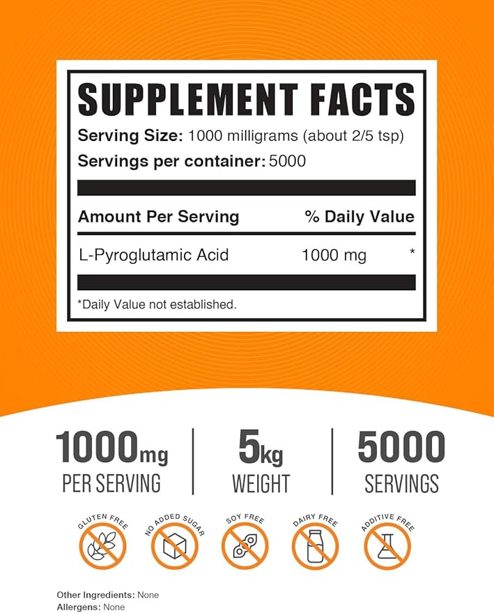 BulkSupplements.com L-Pyroglutamic Acid Powder - Pyroglutamic Acid Supplements, Amino Acid Supplement - for Well-Being, Gluten Free, 1000mg per Serving, 5kg (11 lbs) (Pack of 5)