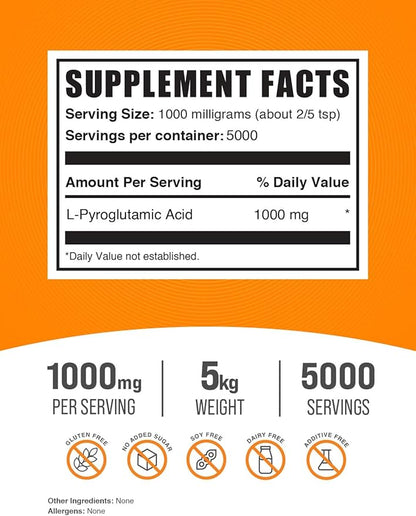 BulkSupplements.com L-Pyroglutamic Acid Powder - Pyroglutamic Acid Supplements, Amino Acid Supplement - for Well-Being, Gluten Free, 1000mg per Serving, 5kg (11 lbs) (Pack of 5)