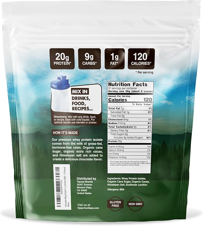 Opportuniteas Grass Fed Chocolate Whey Protein Isolate Powder - 20g Protein Powder Without Artificial Sweeteners, Hormone-Free Cows, Non GMO - 5lb