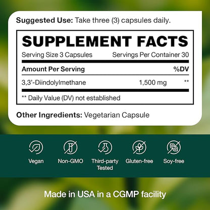 DIM Supplement 500mg - Diindolylmethane for Estrogen Metabolism, Hormonal Health, Acne & Antioxidant Support – Vegan, Non GMO, Gluten-free - 90 Capsules