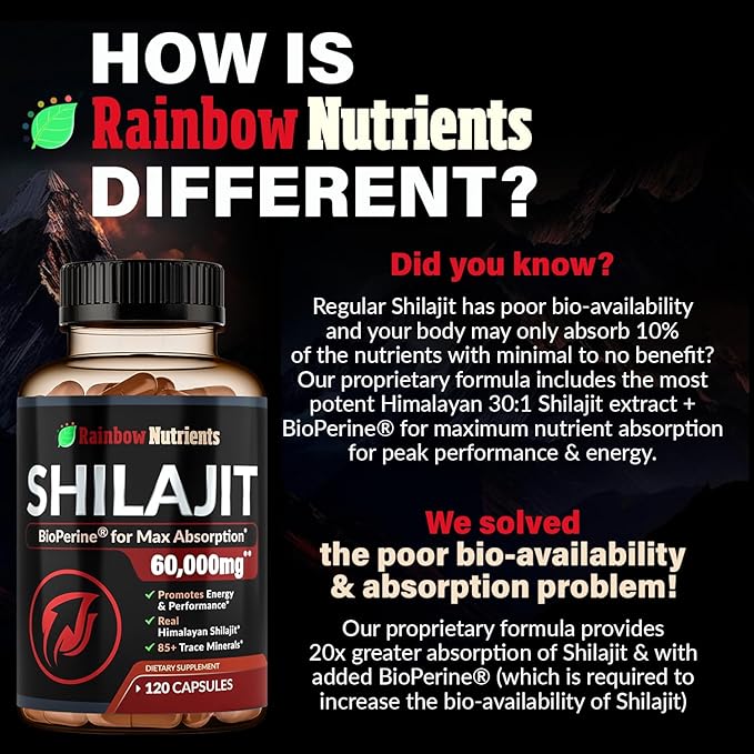 Pure Himalayan Shilajit Capsules Supplement (60,000mg+ Absorption Enhancer+50% Fulvic Acid) Natural 30:1 Shilajit with 85+ Trace Minerals for Energy, Performance, Immune Support| Non GMO| 120 Pills