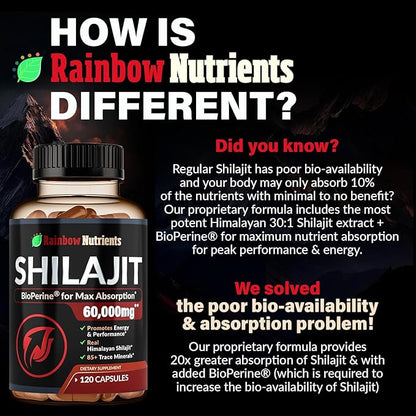 Pure Himalayan Shilajit Capsules Supplement (60,000mg+ Absorption Enhancer+50% Fulvic Acid) Natural 30:1 Shilajit with 85+ Trace Minerals for Energy, Performance, Immune Support| Non GMO| 120 Pills