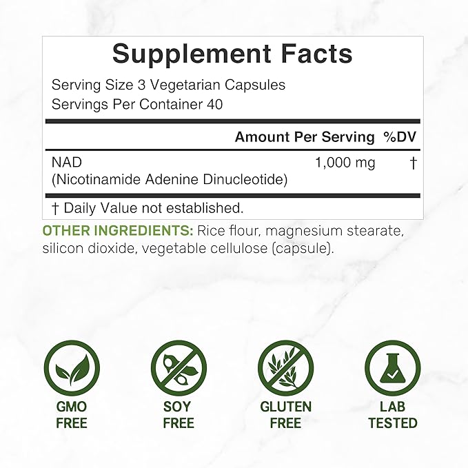 NAD+ Supplement 1,000mg Per Serving, 120 Veggie Capsules – Extra Strength NAD Booster – Healthy Aging, Energy, & Brain Support – Similar to Nicotinamide Riboside – Non-GMO