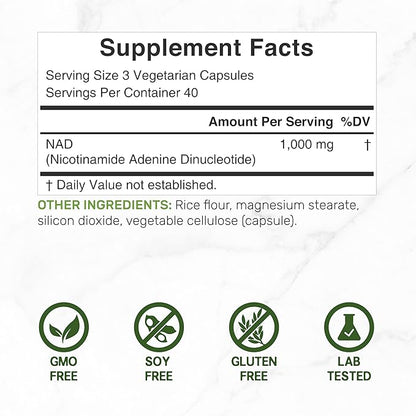 NAD+ Supplement 1,000mg Per Serving, 120 Veggie Capsules – Extra Strength NAD Booster – Healthy Aging, Energy, & Brain Support – Similar to Nicotinamide Riboside – Non-GMO