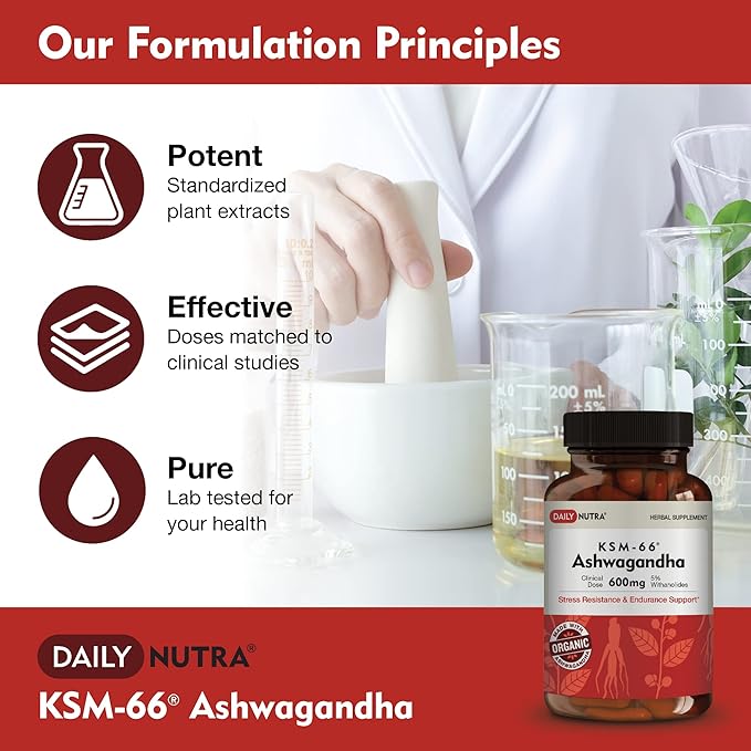 KSM-66 Ashwagandha 600mg Organic Root Extract - High Potency Supplement with 5% Withanolides | Supports Relaxation, Focus, & Energy (90 Capsules)
