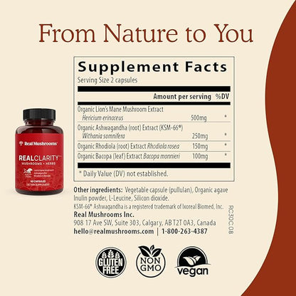 Real Mushrooms RealClarity Mushroom Powder Capsules - Brain Supplement with KSM-66 Ashwagandha Extract for Mental Clarity, Focus - Organic Lions Mane Capsules Focus Supplements for Adults, 60ct