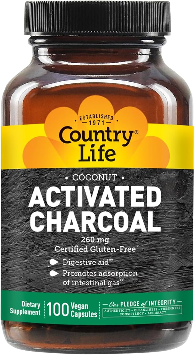Country Life Activated Charcoal Capsules, 260mg – Natural Charcoal Supplement for Gas and Bloating Relief - Organic Coconut Charcoal, Gluten-Free, Non-GMO, 100 Vegan Capsules
