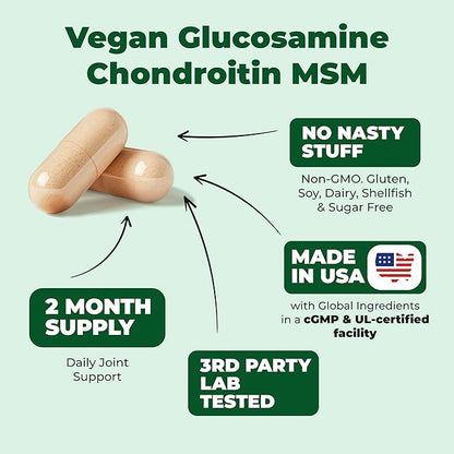 Vegan Glucosamine Chondroitin MSM - 100% Vegan Joint Support Supplement for Women & Men with Burdock and Glucosamine Sulfate 1500 mg. Used for Cartilage and Joint Health and Flexibility - 2 Pack