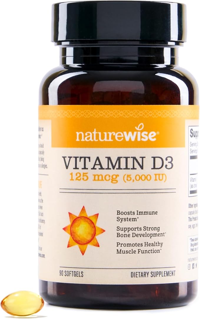 NatureWise Vitamin D3 5000iu (125 mcg) Healthy Muscle Function, and Immune Support, Non-GMO, Gluten Free in Cold-Pressed Olive Oil, Packaging Vary ( Mini Softgel), 90 Count