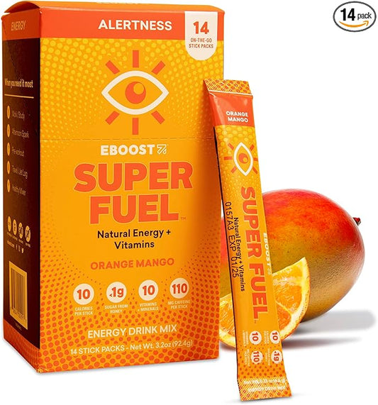 EBOOST Energy Drink Powder, Super Fuel - Orange Mango, 14 Packets - Pre-Workout Powder Energy Drink Mix - Natural Energy, L-Tyrosine, L-Theanine & Vitamins - Preworkout for Women & Men to Go