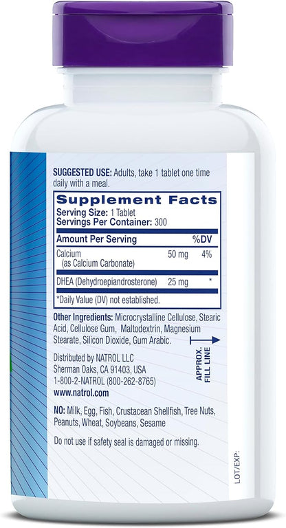 Natrol Mood & Stress DHEA 25mg With Calcium, Dietary Supplement for Balance of Certain Hormone Level and Mood Support, 300 Tablets, 300 Day Supply
