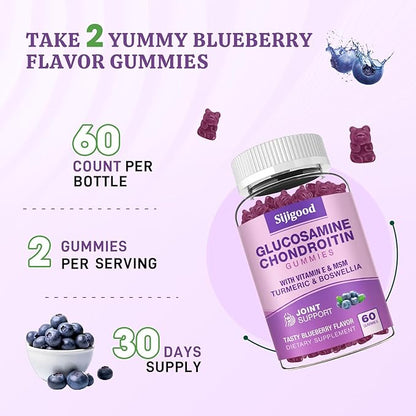 Glucosamine Chondroitin Gummies, Extra Strength Glucosamine Chondroitin MSM with Elderberry & Turmeric Supplement Support Joint & Antioxidant- 60 Blueberry Flavored Gummies