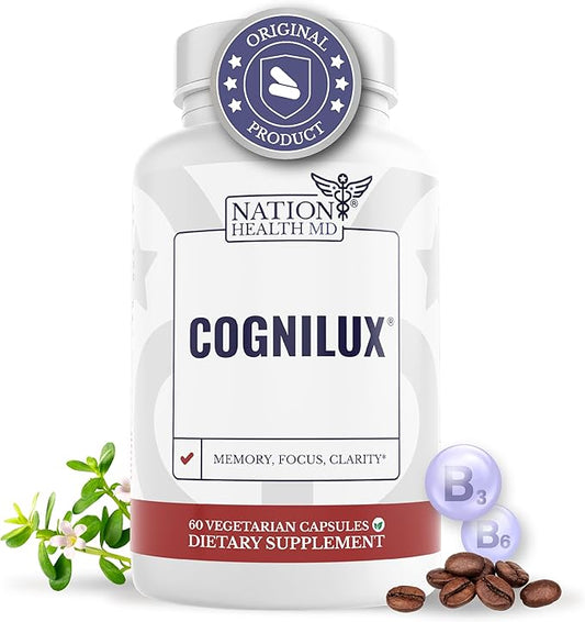 Cognilux - Brain Supplements for Memory and Focus - Nootropic Focus Supplement with Niacin, Vitamin B6, GABA and More - Memory Supplement for Brain, Brain Health, 60 Capsules