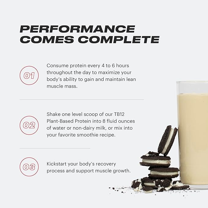 TB12 Plant Based Protein Powder by Tom Brady, 24g of Vegan Pea Protein, Low Sugar, Low Carb, Non-GMO, Meal Replacement, Keto Friendly, Paleo, Sugar Free, Cookies and Cream Flavor (30 Servings)