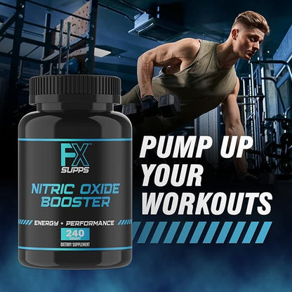 FX SUPPS Nitric Oxide Booster | Bodybuilding Pre Workout Pills for Men and Women (2 Pack of 240 Capsules) Boost Energy Pump & Vascularity | Muscle Builder Supplement with Arginine, Best for Athletes