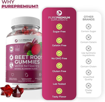 PurePremium Beet Root Gummies - 60 Sugar Free Beet Chews (50:1 Equivalent 1500 mg) - Super Nitric Oxide Gummies - Natural Blueberry Beets Chewables - Beets Supplements for Normal Blood Pressure