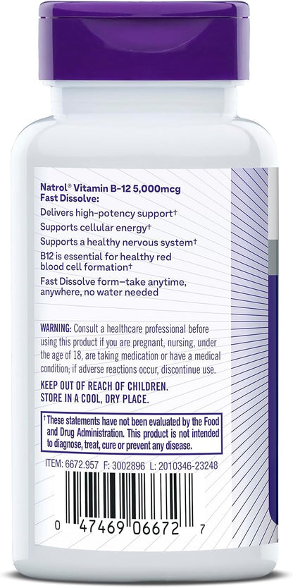 Natrol Vitamin B12 Fast Dissolve Tablets, Promotes Energy, Supports a Healthy Nervous System, Maximum Strength, Strawberry Flavor, 5,000mcg, 100 Count