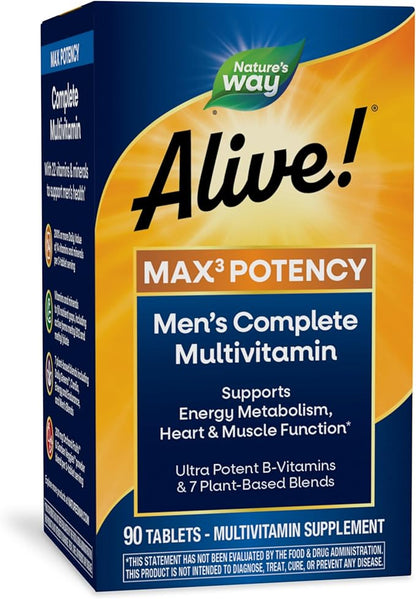 Nature’s Way Alive! Men’s Max3 Potency Multivitamin, Supports Energy Metabolism*, Heart & Muscle Function*, with Methylated B12 and Folate, Gluten-Free, 90 Tablets (Packaging May Vary)