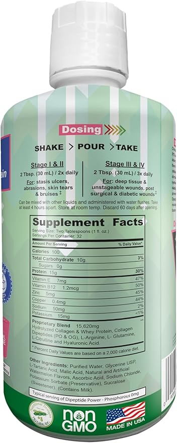 Nutritional Designs DPP Dipeptide, Wound-Healing Liquid Collagen & Whey Protein Supplement, Sugar-Free, Promotes Healthy Skin & Hair for Men & Women (Watermelon, Bottle 32 Fl Oz)