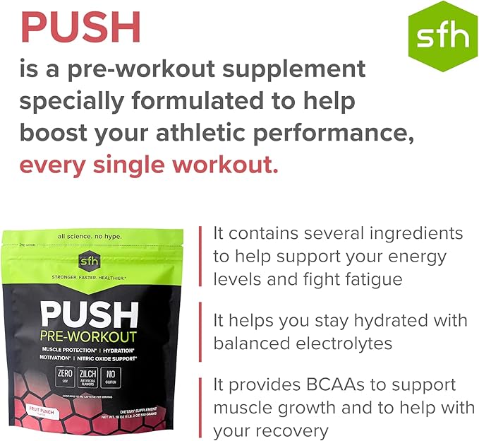 SFH Push Pre-Workout Powder (Fruit Punch) BCAAs for Muscle Repair | Electrolytes | Non-Dairy, No Artificial Flavors, Colors, Sugar, Soy, Gluten, or GMOs (Bag)