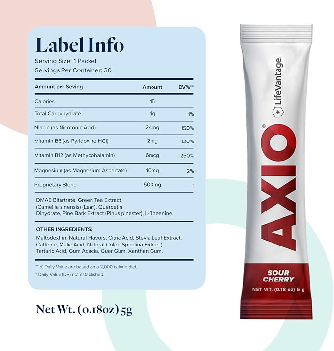 AXIO Regular Energy Drink Powder, Sour Cherry, 30 Packets, Instant Energy Powder, Energy Supplement in a Drink Mix, w/B Vitamins, DMAE, L-Theanine, Quercetin, Green Tea & Pine Bark Extract