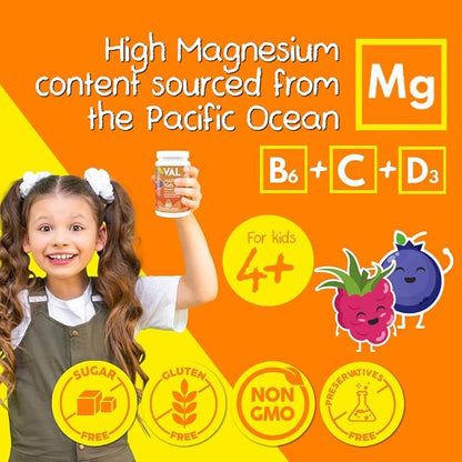 VAL Chewable Magnesium for Kids, Relaxation and Calm Formula, Glycinate, Citrate, Taurate, Vitamin B6, D, C, Natural Blueberry Flavor, Sugar Free, Gluten Free, Non-GMO, 60 Chewable Tablets