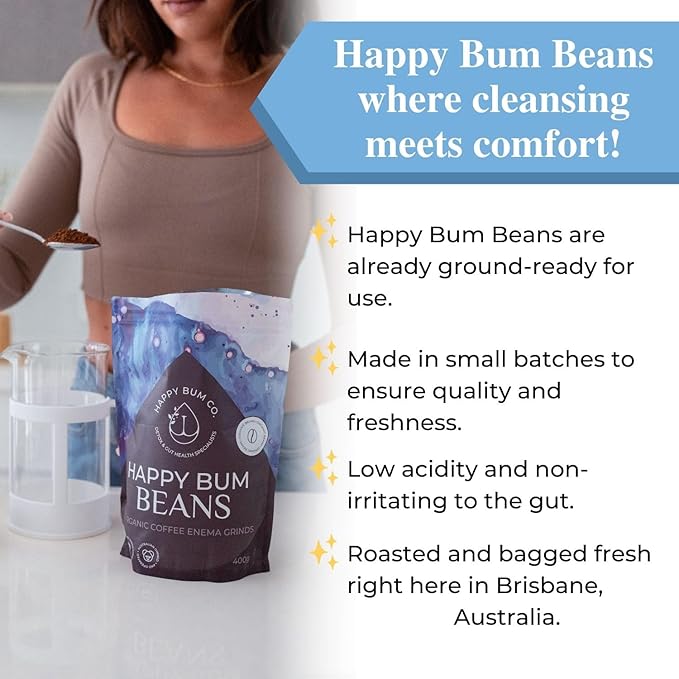 Happy Bum Coffee Enema Beans | Medium Roast Enema Coffee Organic Detox with Higher Palmitic Acid, Mold-Free and Low Acidity for Gentle Detox and Gut Health (400g)
