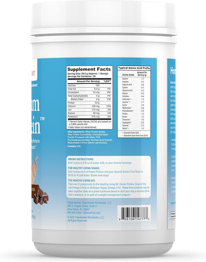 Greens First Dream Whey Protein Powder, Rich Dutch Chocolate, 30 Servings – 20 g Protein – Low Carb Powder – Hormone-Free, Non-GMO, No Artificial Sweeteners/MSG/Aspartame, 28.04 oz