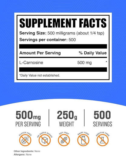 BulkSupplements.com L-Carnosine Powder - Carnosine Supplement, Carnosine 500mg - Amino Acid Supplement, Gluten Free, 500mg per Serving, 250g (8.8 oz) (Pack of 1)