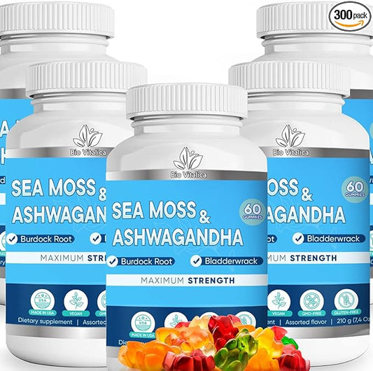 BIO VITALICA Sea Moss Ashwagandha Gummies - Organic Irish Seamoss & Ashwa Root Powder Supplements for Supporting Energy & Immunity for Men and Women