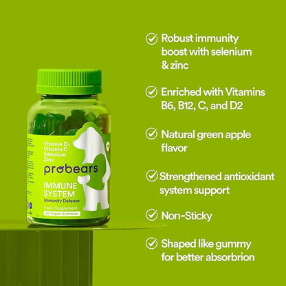 Probears® Immune Support Gummies - Vitamin C, Selenium, Zinc, Vitamins B6, B12 and D2 Organic Immunity Boost - Natural Vitamin Support for Adults - Vegan, Gluten Free, Gelatin Free, Halal - 60 Count