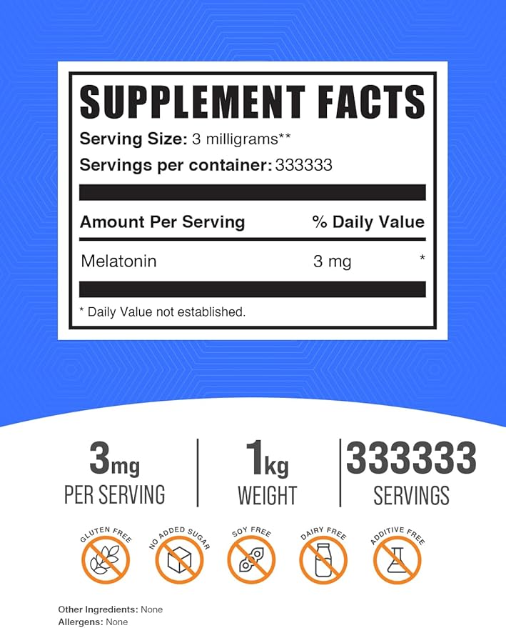 BulkSupplements.com Melatonin Powder - Sleep Supplement, Melatonin for Adults, Melatonin 3 mg - Vegan Melatonin, Pure & Gluten Free, 3mg per Serving, 1kg (2.2 lbs) (Pack of 1)
