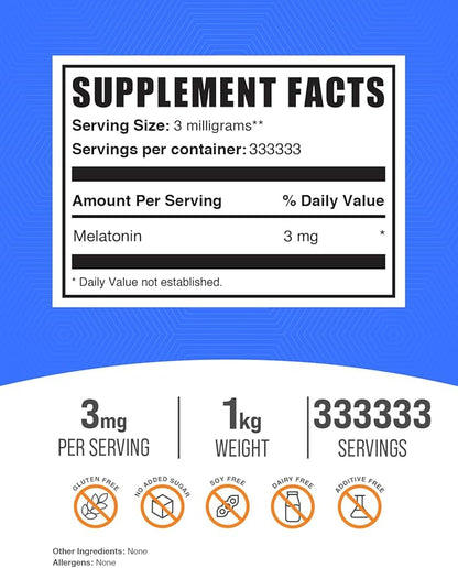 BulkSupplements.com Melatonin Powder - Sleep Supplement, Melatonin for Adults, Melatonin 3 mg - Vegan Melatonin, Pure & Gluten Free, 3mg per Serving, 1kg (2.2 lbs) (Pack of 1)