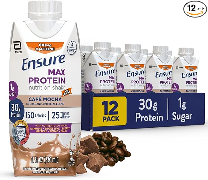 Ensure Max Protein Shake | Café Mocha | Meal Supplement Shake | Ready to Drink | 30g Protein for Muscle Building | 1g Sugar, 4g Fiber | 11 fl oz - 12 Pack