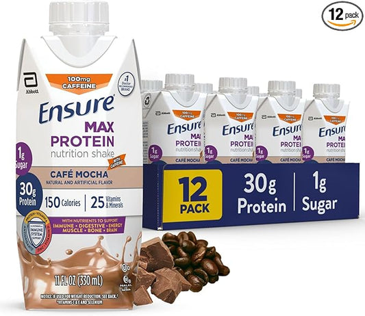 Ensure Max Protein Shake | Café Mocha | Meal Supplement Shake | Ready to Drink | 30g Protein for Muscle Building | 1g Sugar, 4g Fiber | 11 fl oz - 12 Pack
