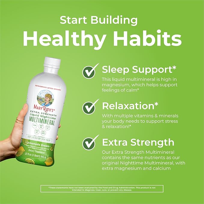 MaryRuth Organics Extra Strength Nighttime Liquid Multimineral Sleep Supplement | Sugar Free | Calm Magnesium Citrate | NO Melatonin | Calcium Magnesium Zinc | Lemonade Flavor | Vegan | 32 Servings