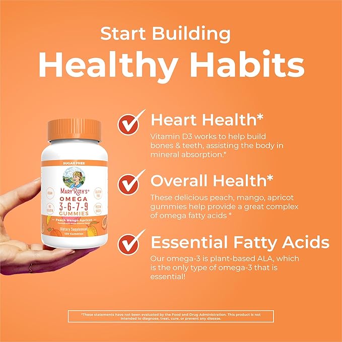 Vegan Omega 3 6 7 9 Gummies by MaryRuth's | Up to 4 Month Supply | Omega 3 Supplement with Flaxseed Oil | Omega 3 Gummies | No Fish Taste | Non-GMO | 120 Count