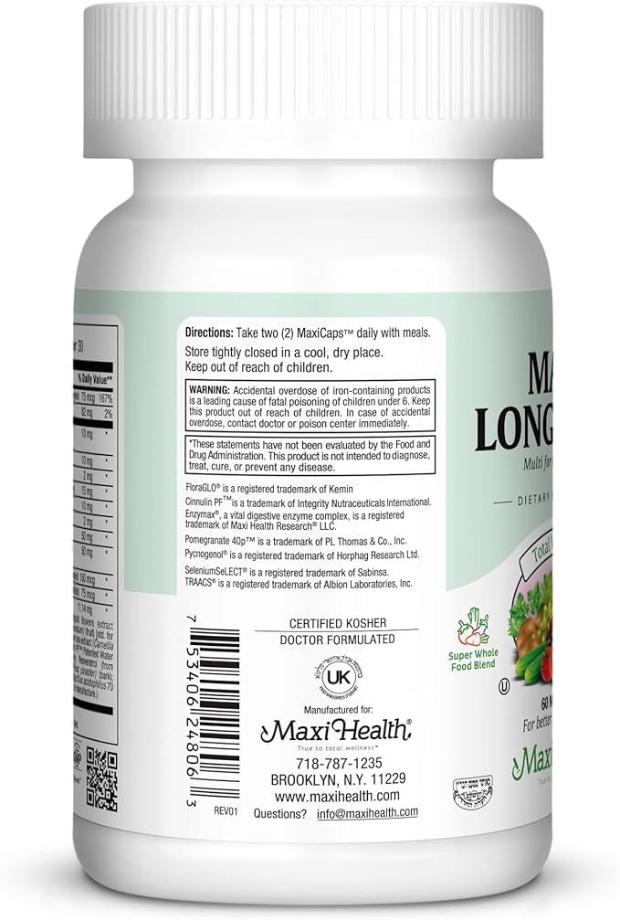 Maxi Health Longevity - Multivitamins & Minerals Supplement for Men Over 50-60 Capsules - Kosher (LM)