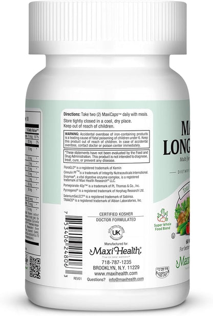 Maxi Health Longevity - Multivitamins & Minerals Supplement for Men Over 50-60 Capsules - Kosher (LM)