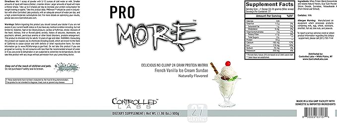 CONTROLLED LABS PROmore Protein Powder (27 Servings) - 24g Protein Per Scoop - 94% Sugar-Free, Premium Smooth-Drink Formula (Chocolate Ice Cream Sundae) (27 Servings, French Vanilla Ice Cream Sundae)