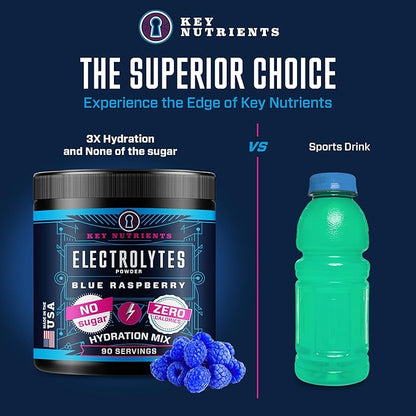 KEY NUTRIENTS Multivitamin Electrolytes Powder No Sugar - Sweet Blue Raspberry Electrolyte Powder - Endurance & Energy Supplement - Hydration Powder - No Calories - 90 Servings - Made in USA