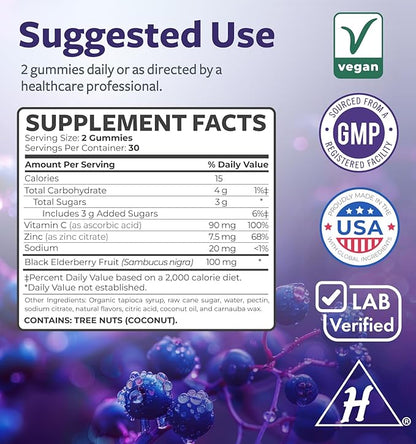 Elderberry Gummies for Adults with Vitamin C & Zinc (1 Months Supply) 60 Delicious Raspberry Flavor Gummy - Immune Support Supplement for Adults - Vegetarian Sambucus Elderberry Gummies (No Pills)