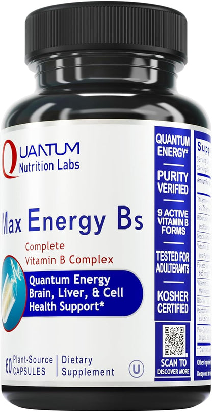 Quantum Nutrition Labs Max Energy Bs - Vitamin B Complex, Methylated B Complex Vitamins with Vitamin B1, B6, B12, Thiamin, Folate and Biotin - 60 Vegetarian Capsules