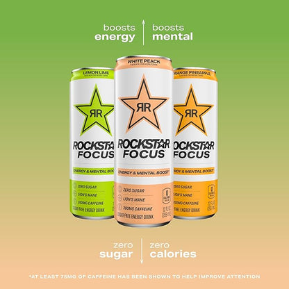 Rockstar Focus, White Peach, 12 Fl Oz Cans (Pack of 12)