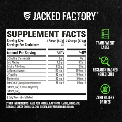 Jacked Factory NITROSURGE Pre Workout Supplement - Energy Booster, Instant Strength Gains, Clear Focus & Intense Pumps - NO Booster & Powerful Preworkout Energy Powder - 30 Servings, Blue Raspberry