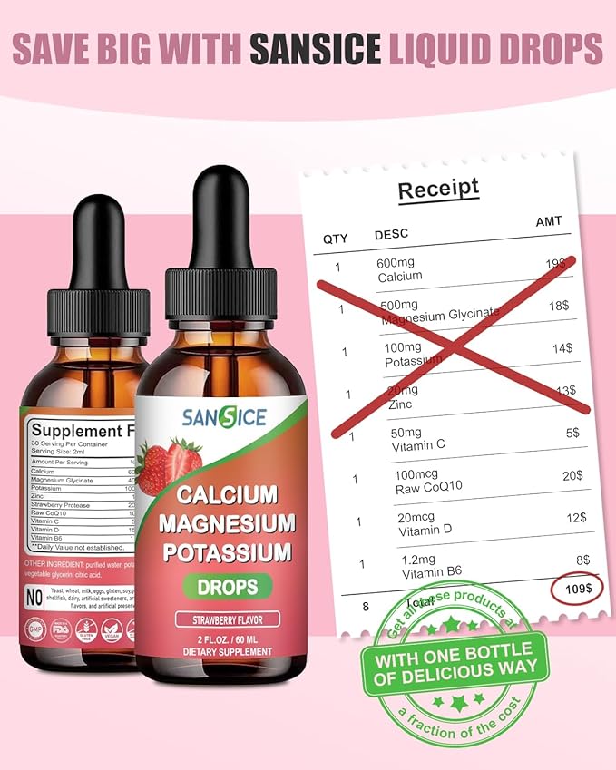 Potassium Magnesium Drops - High Absorption Calcium Magnesium Supplement with Magnesium Glycinate Calcium Zinc and Potassium for Kids, Liquid Potassium Supplement-Energy Sleep and Relaxation-2 Pack