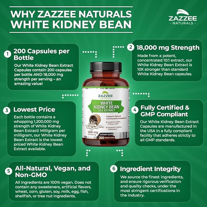 Zazzee White Kidney Bean 10:1 Extract, 18,000 mg Strength, 200 Vegan Capsules, Over 2 Month Supply, Standardized and Concentrated 10X Extract, 100% Vegetarian, All-Natural and Non-GMO
