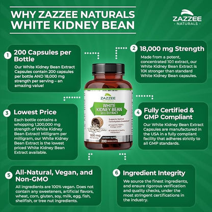Zazzee White Kidney Bean 10:1 Extract, 18,000 mg Strength, 200 Vegan Capsules, Over 2 Month Supply, Standardized and Concentrated 10X Extract, 100% Vegetarian, All-Natural and Non-GMO